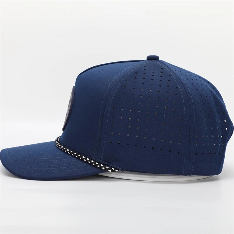 Fashion Custom Sports 5 Panel Rubber PVC Logo Rope Baseball Cap, Waterproof Laser Cut Drilled Hole Perforated Hat, Curved Brim Navy Blue Dad Hat